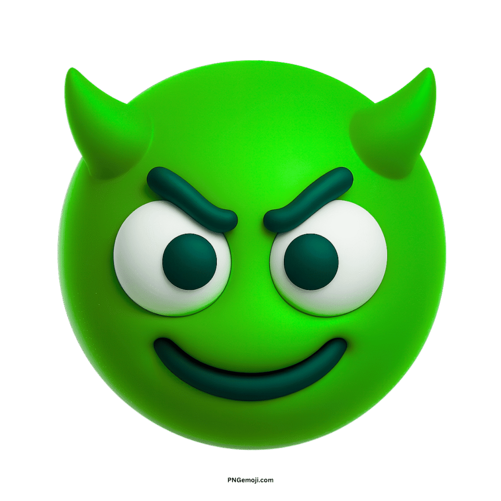  Green devil emoji with horns and mischievous smile, isolated on black background.