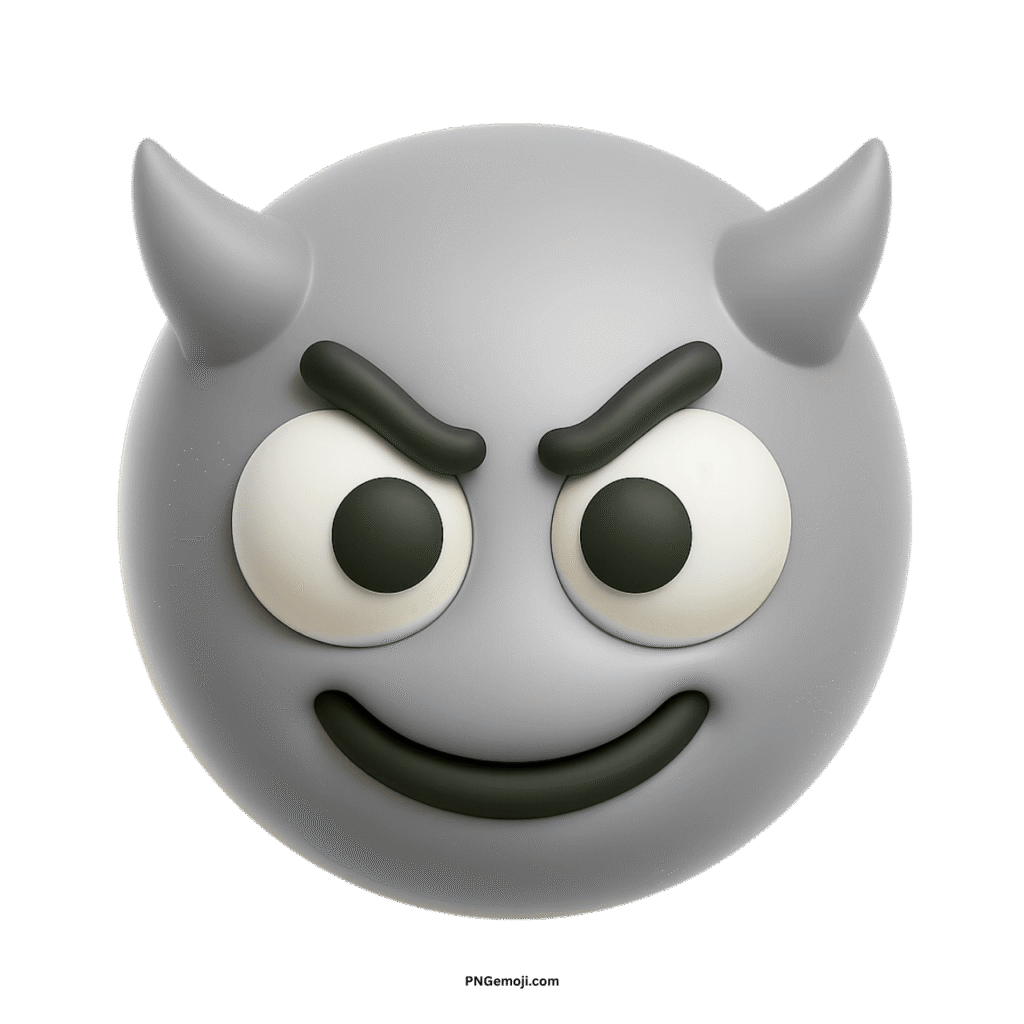 Light gray devil emoji with horns and mischievous smile, isolated on black.