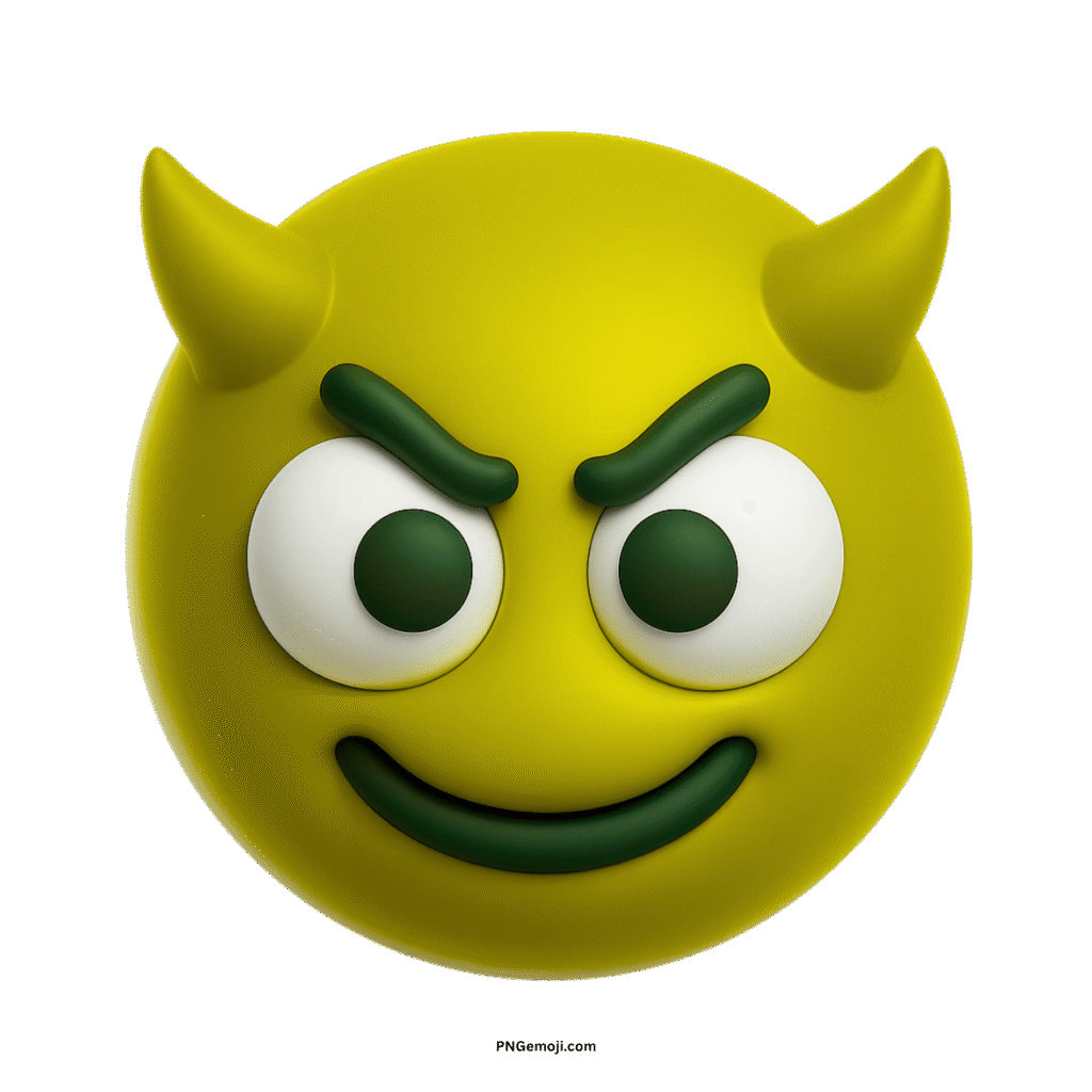 Yellow devil emoji with horns and mischievous smile, dark green accents, on black.