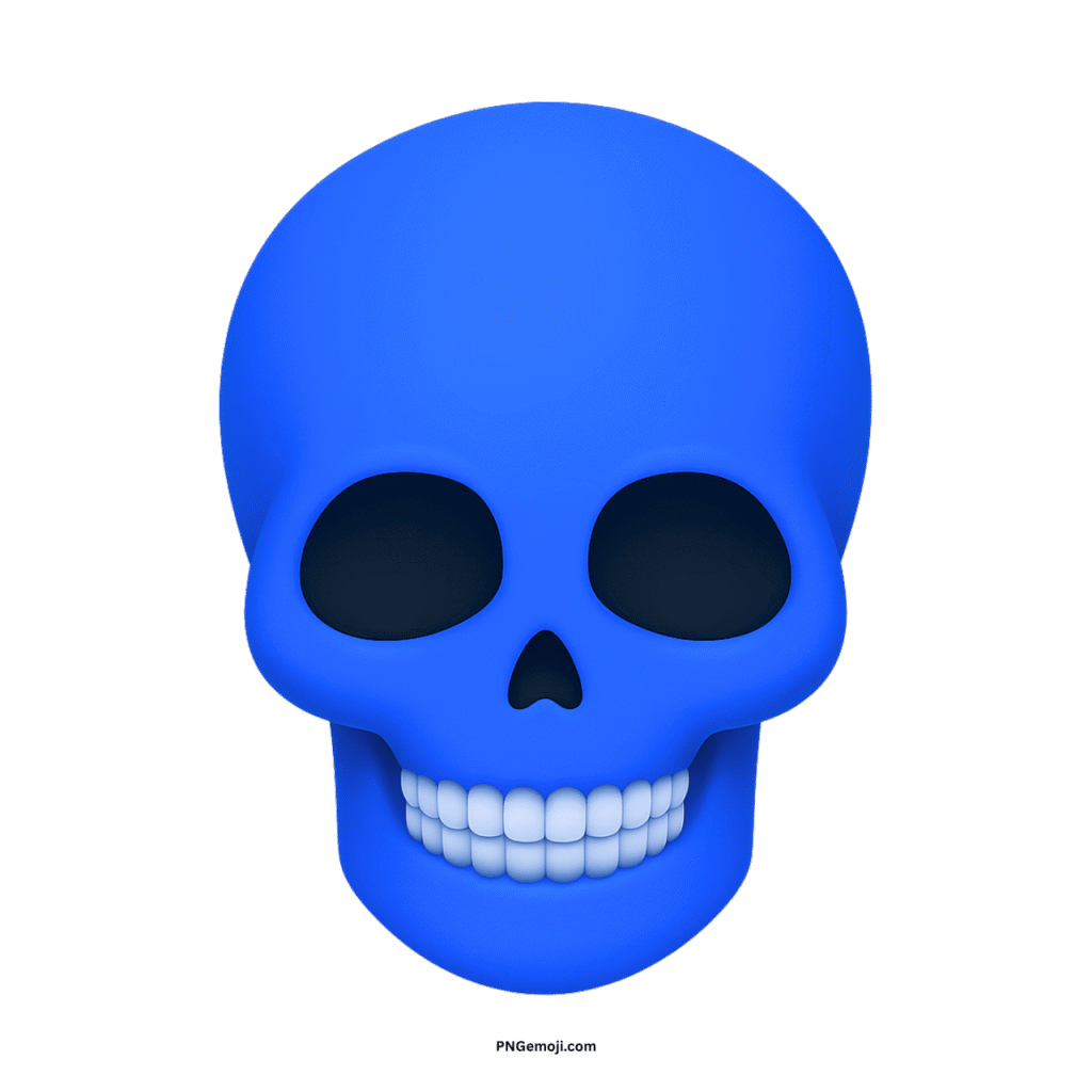 Stylized 3D blue skull face with white teeth, large eye sockets, on black.