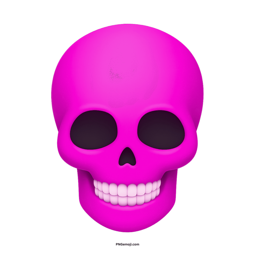 Stylized 3D magenta skull face with white teeth, large eye sockets, on black.