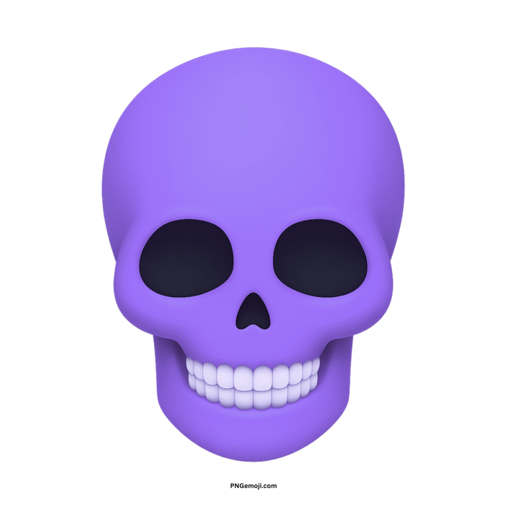 Stylized 3D purple skull face with white teeth, large eye sockets, on black.