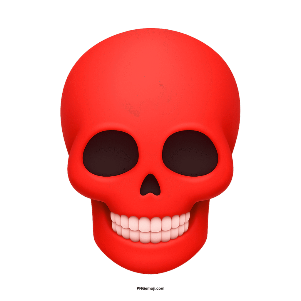 Stylized 3D red skull face with white teeth, large eye sockets, on black.