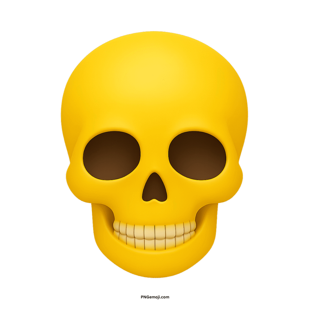 Stylized 3D yellow skull face with dark eye sockets, smiling teeth, on black.