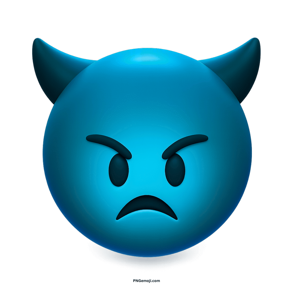 Angry teal-blue 3D devil face emoji with horns and frown.