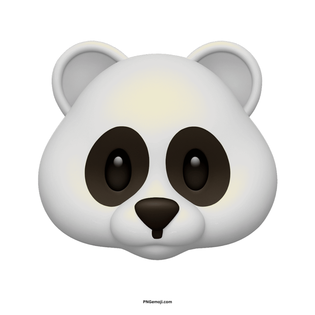 Stylized 3D white panda face emoji with black eyes and nose on black.