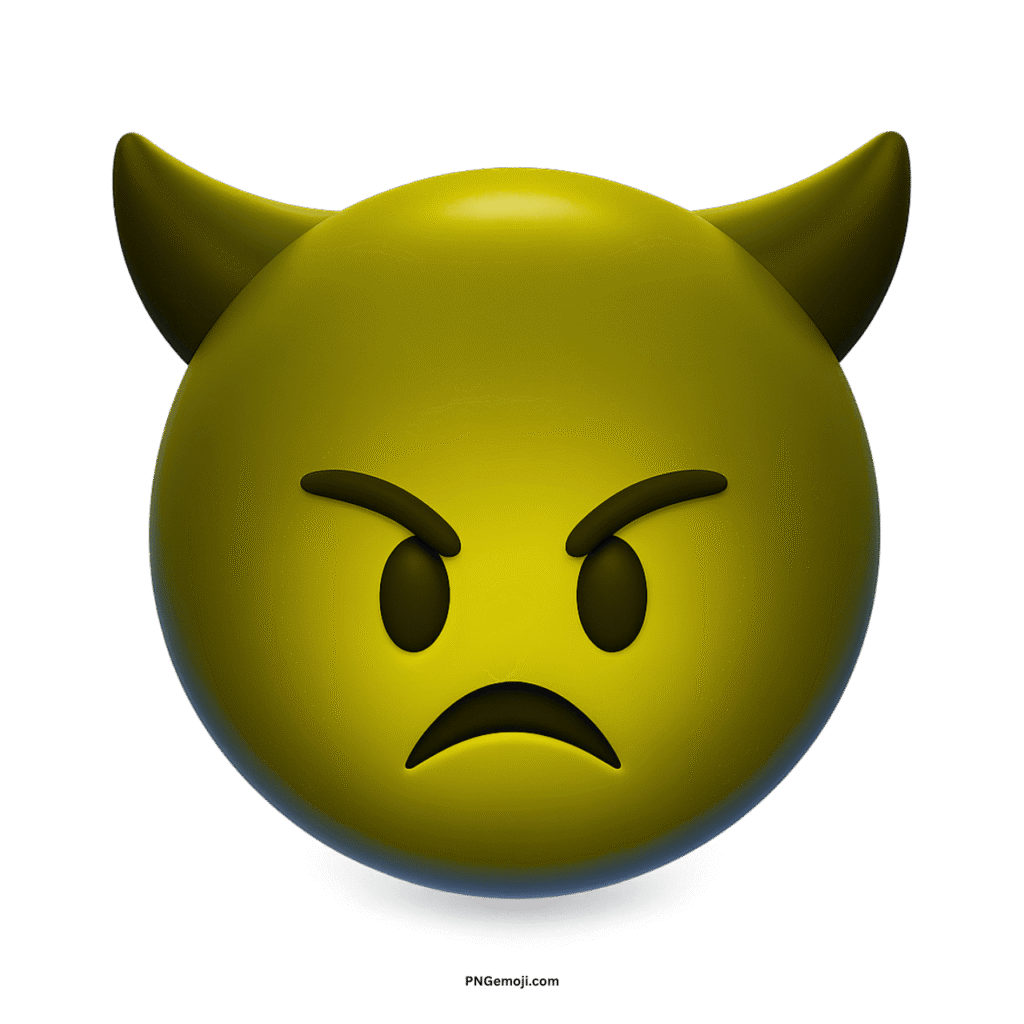 Angry yellow 3D devil face emoji with horns and frowning expression.