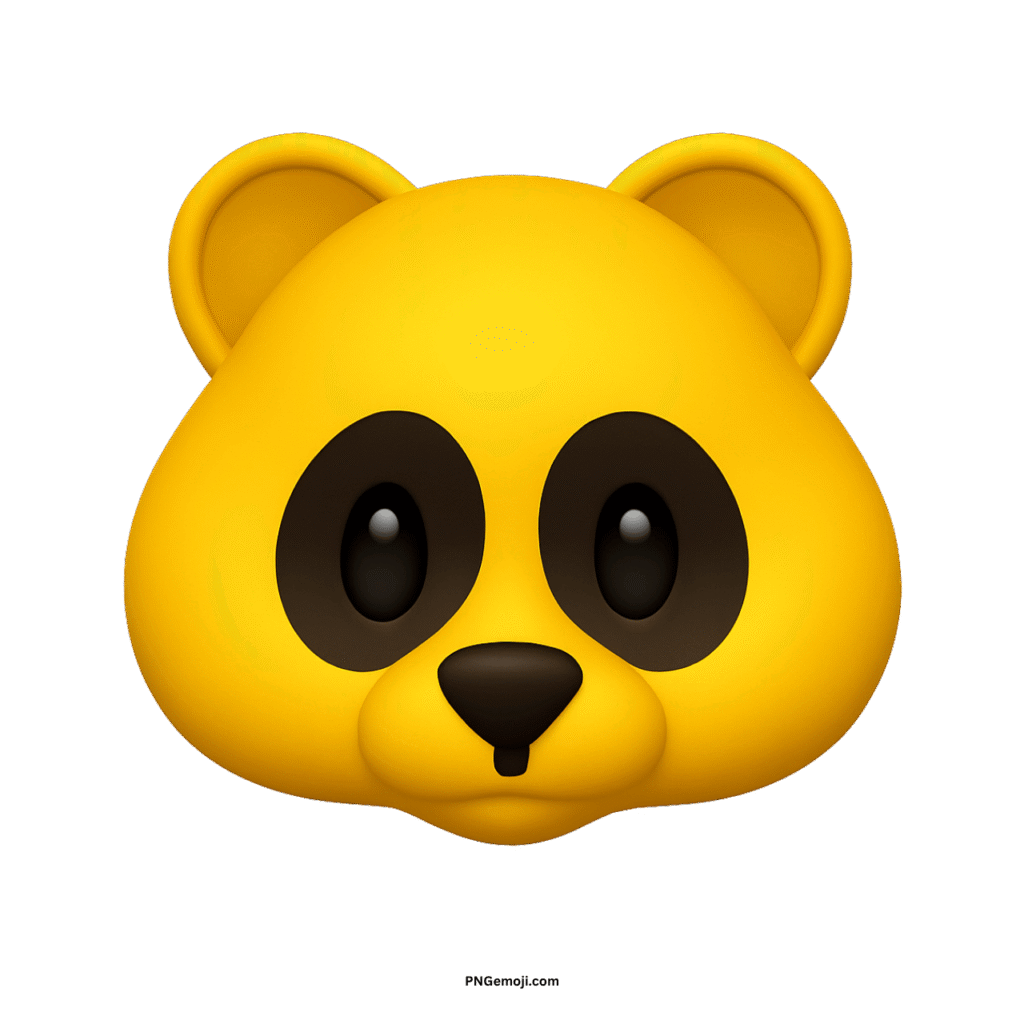  Stylized 3D yellow panda face emoji with dark eyes and nose on black.