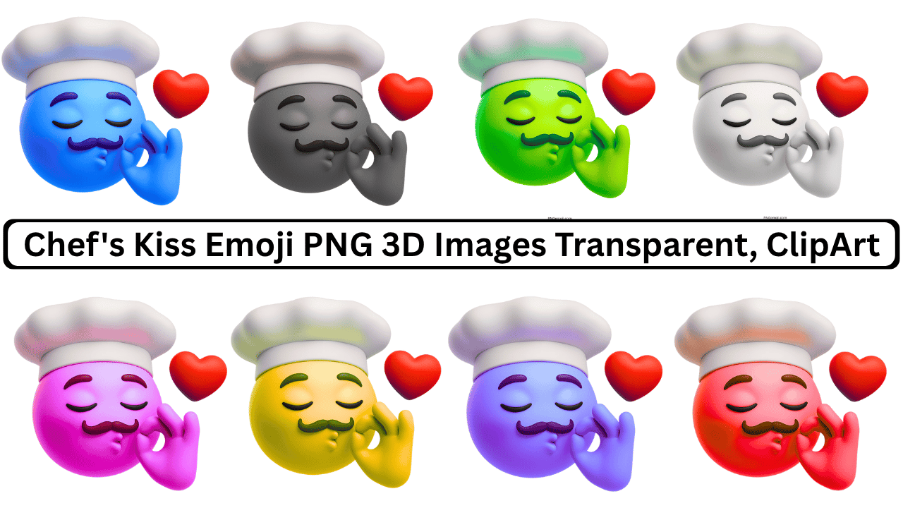 Colorful 3D chef's kiss emoji PNG set with heart, transparent background clipart