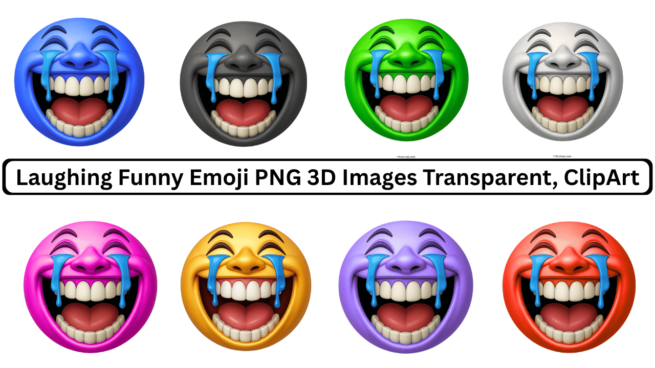Various colorful laughing funny emojis with tears, heart-shaped tongues, and big smiles