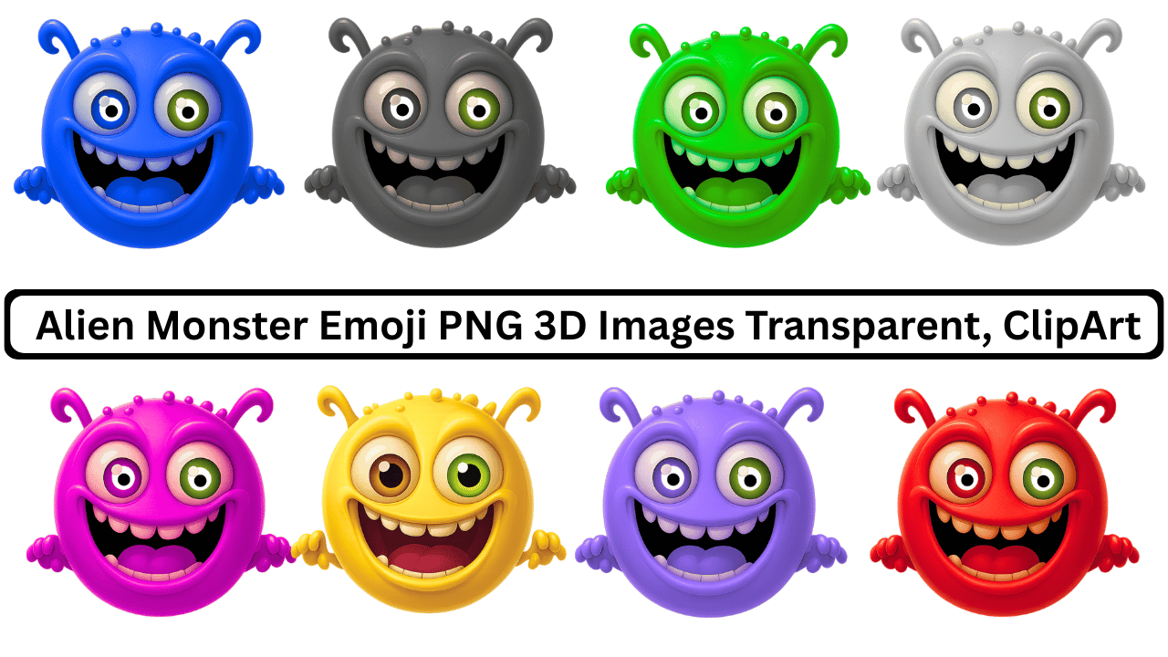 Colorful alien monster emoji collection 3D cartoon faces with big eyes, wide grins, and funny expressions
