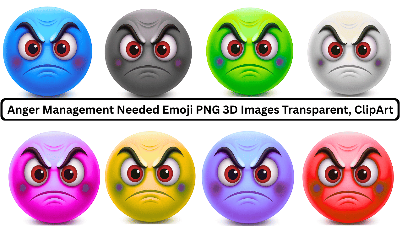 Set of colorful angry emoji faces in 3D style with transparent background clipart