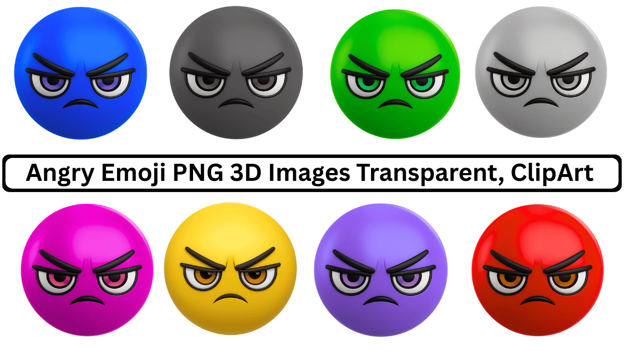 Set of colorful angry face emoji PNG 3D images with transparent background