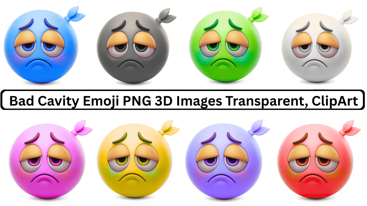 Set of sad cavity sick emojis in colorful 3D transparent clipart pack