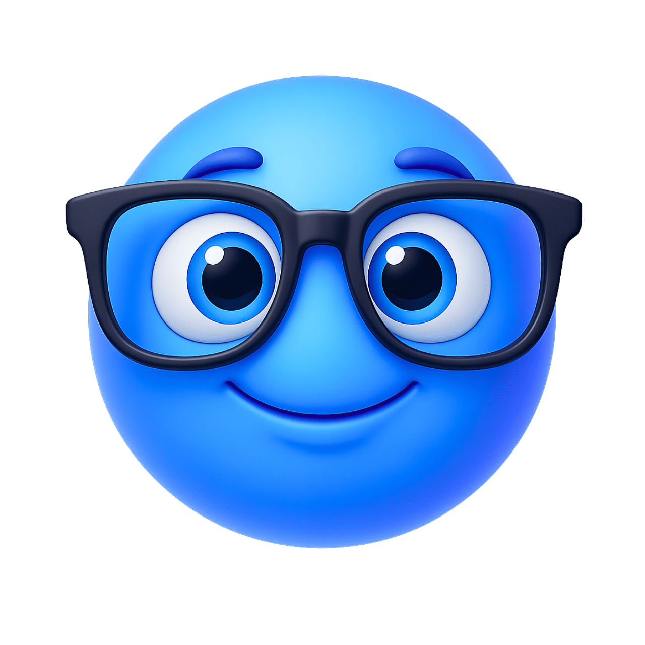 Smiling blue emoji face with big black glasses and cheerful nerdy expression