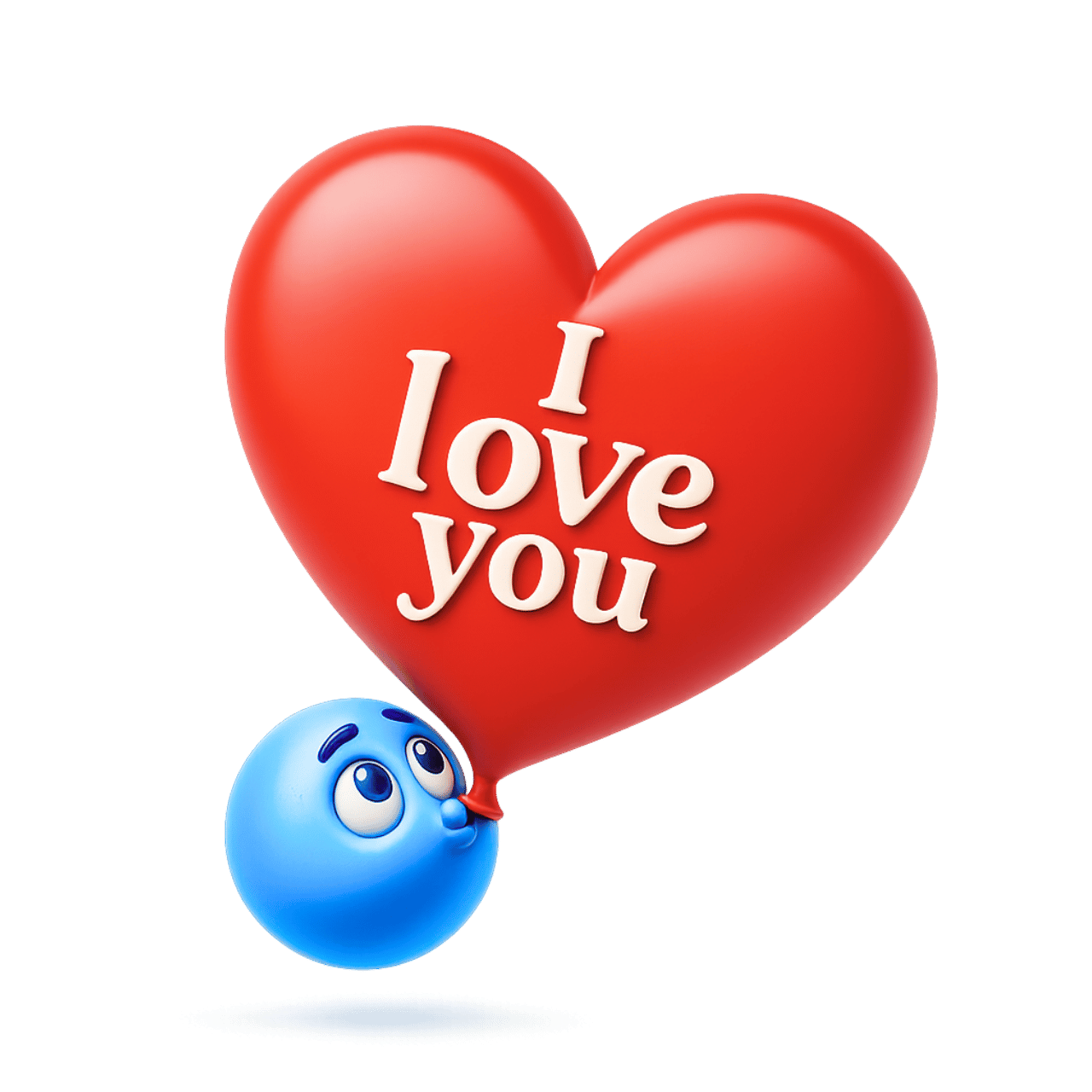 Cute blue emoji blowing red love bubble heart with I love you text