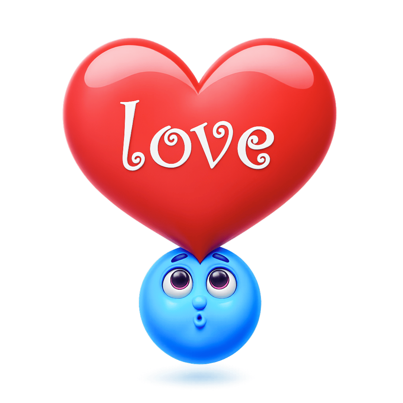 Cute 3D blue emoji blowing red heart bubble with love text inside