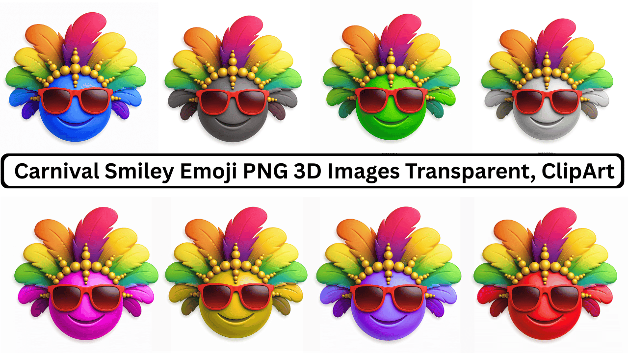 Colorful carnival smiley emoji PNG 3D collection with rainbow feather designs