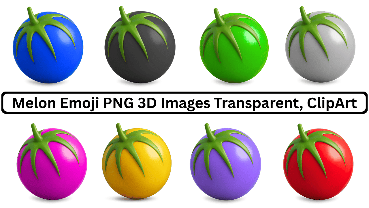 Collection of colorful 3D melon emojis with green stems in multiple vibrant designs