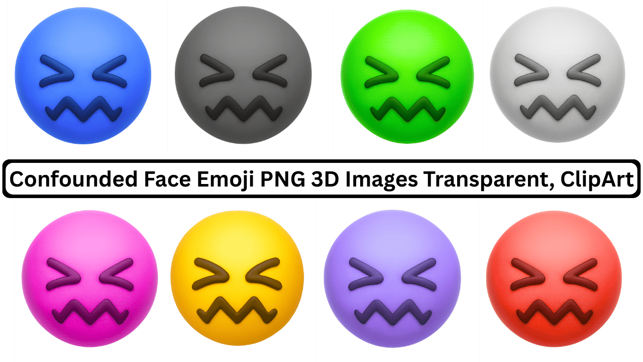 Confounded face emoji 3D PNG in multiple colors with transparent background clipart icons