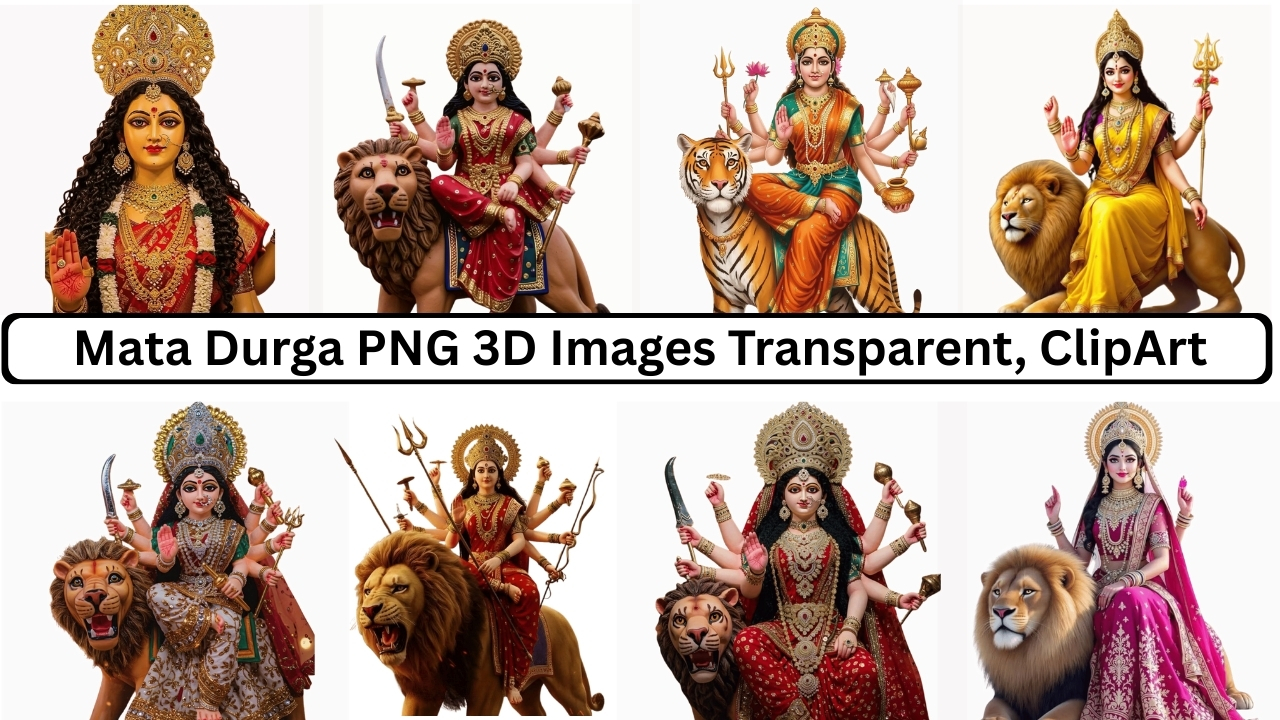Durga Mata PNG transparent HD images with lion and tiger 3D clipart collection