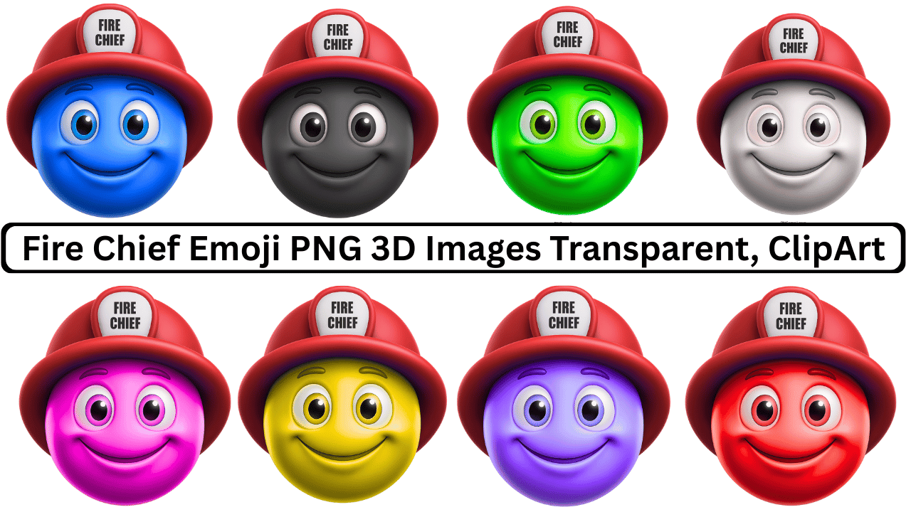 Set of colorful fire chief emoji faces wearing red firefighter helmets PNG