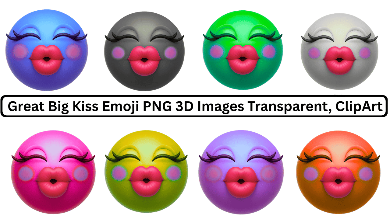 Colorful 3D kiss emoji faces with puckered lips and long eyelashes in various shades