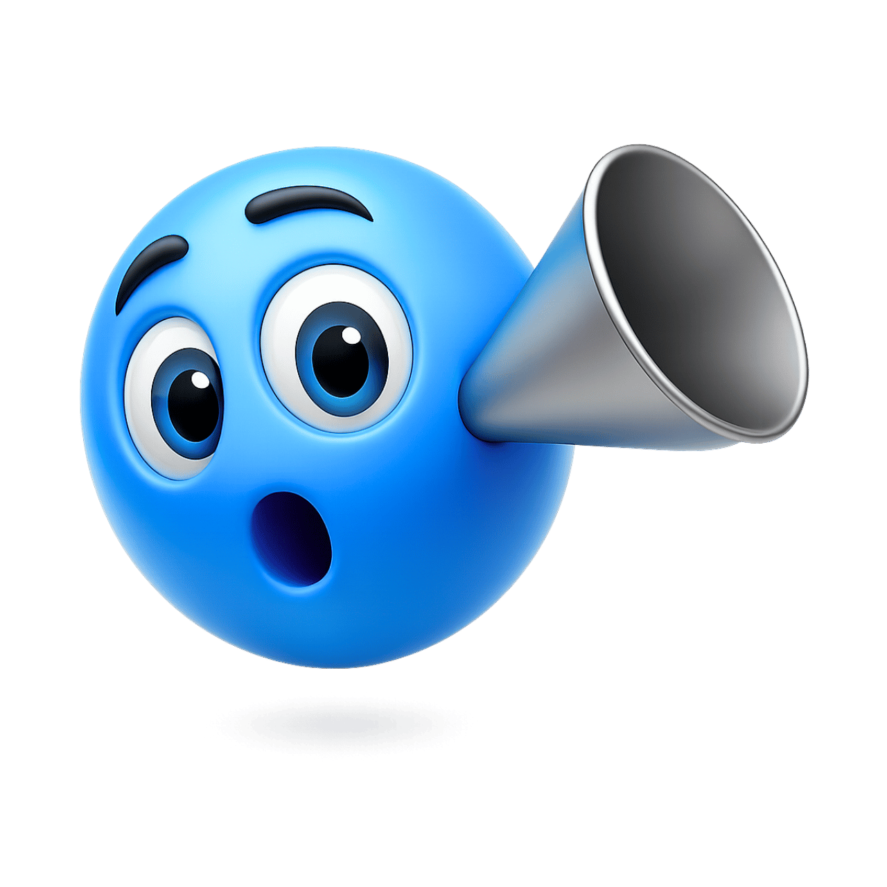3D blue hellooo emoji face with megaphone shouting loud cartoon expression