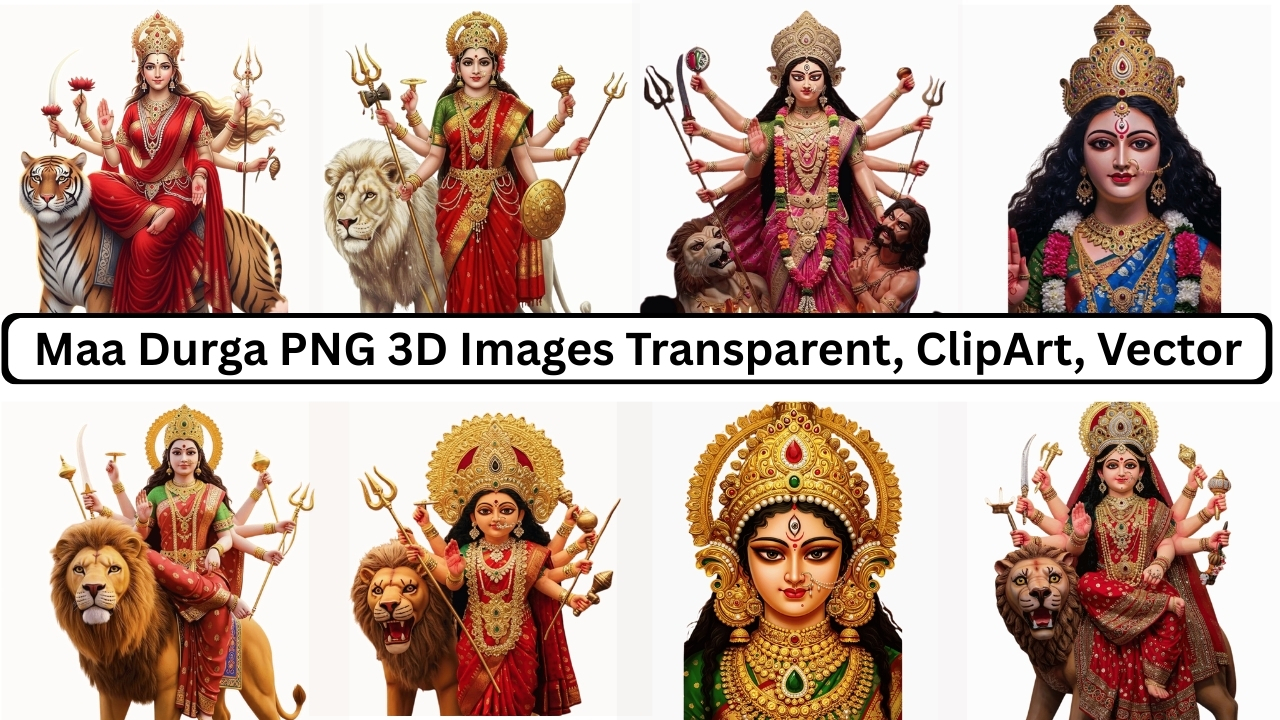 Maa Durga PNG ClipArt transparent images collection with lions, weapons, and divine goddess poses