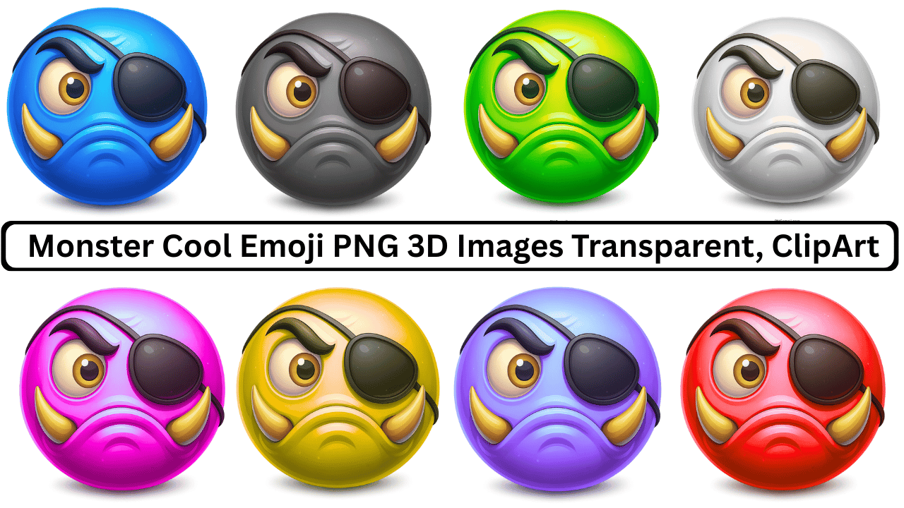 Set of colorful pirate monster emojis with eyepatch and tusks in 3D style