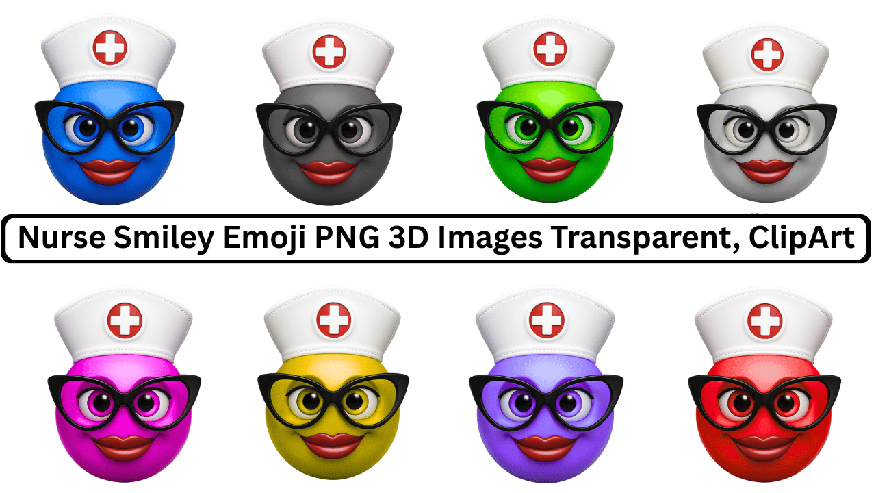 Colorful nurse smiley emoji set with medical caps and glasses in 3D