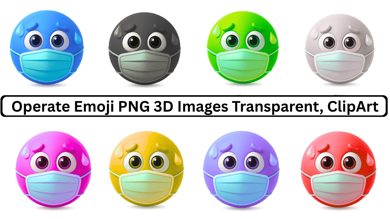 Colorful 3D operate emoji faces wearing medical masks with sweat drops transparent clipart