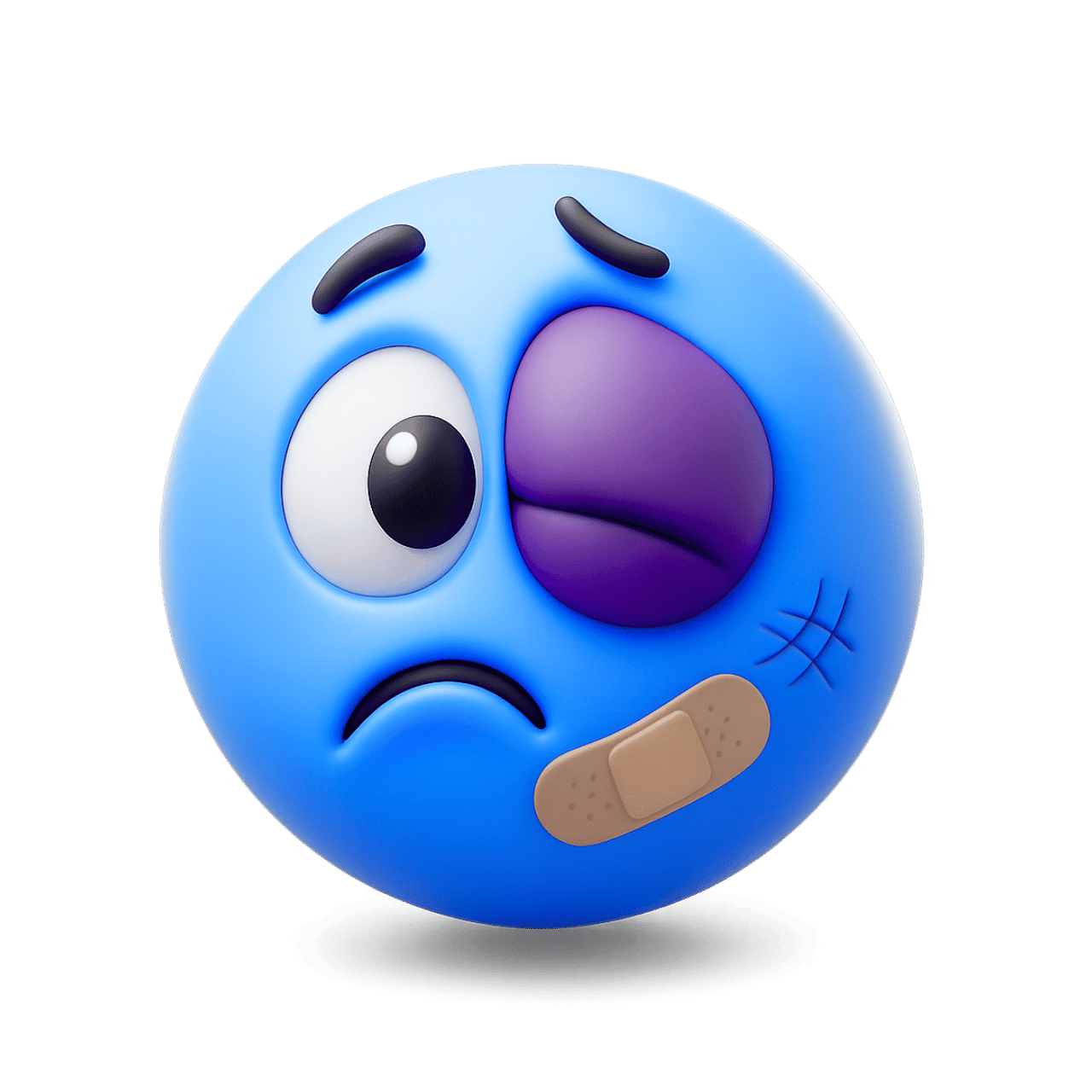 Blue punched eye emoji with injury, bandage, bruised face, and sad expression