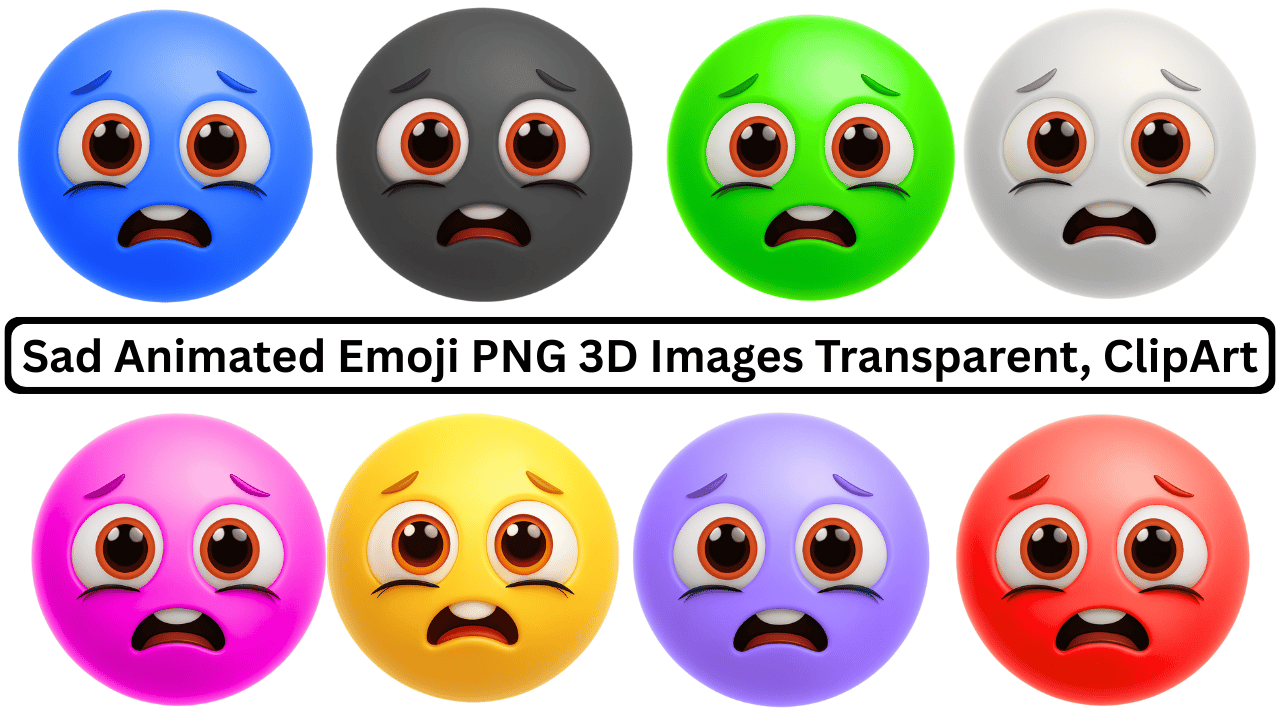 Colorful sad animated emoji PNG 3D faces with crying and worried emotional expressions