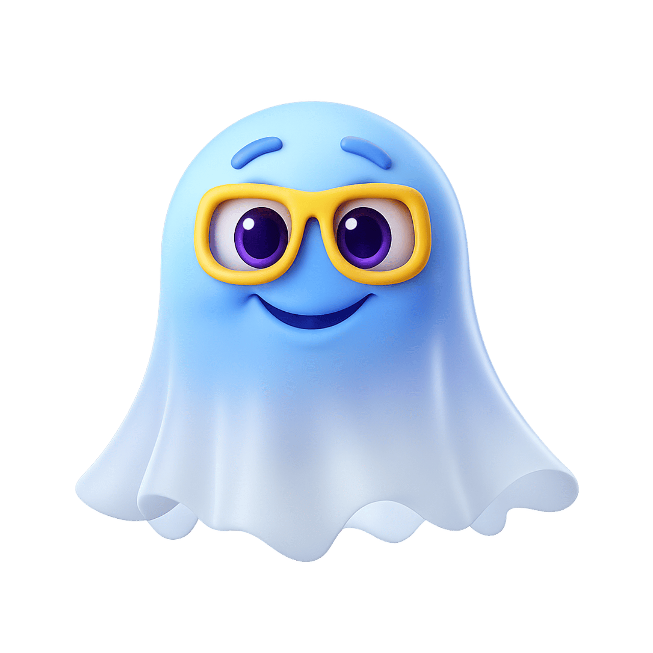 Cute spooky ghost emoji with yellow glasses in 3D cartoon style