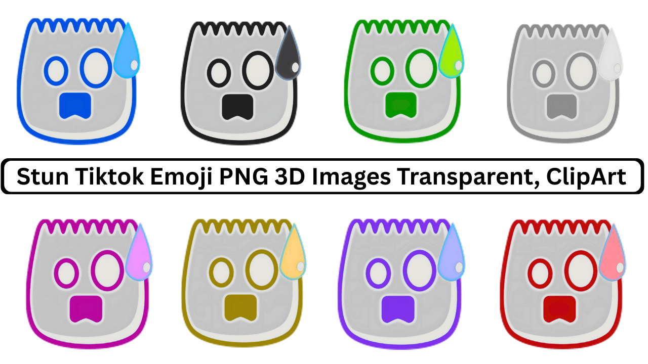 Collection of 3D Stun Tiktok emojis with various colored outlines and sweat drops, in PNG format with transparent background.
