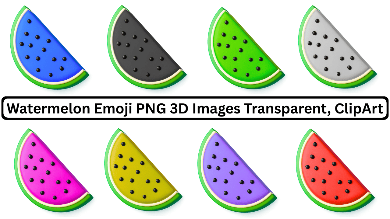 Multicolor watermelon emoji PNG 3D slices with black seeds and green rind transparent background