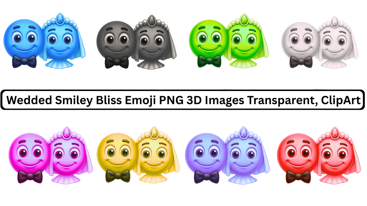 Multicolor wedding smiley emoji couples in 3D style with transparent background clipart set