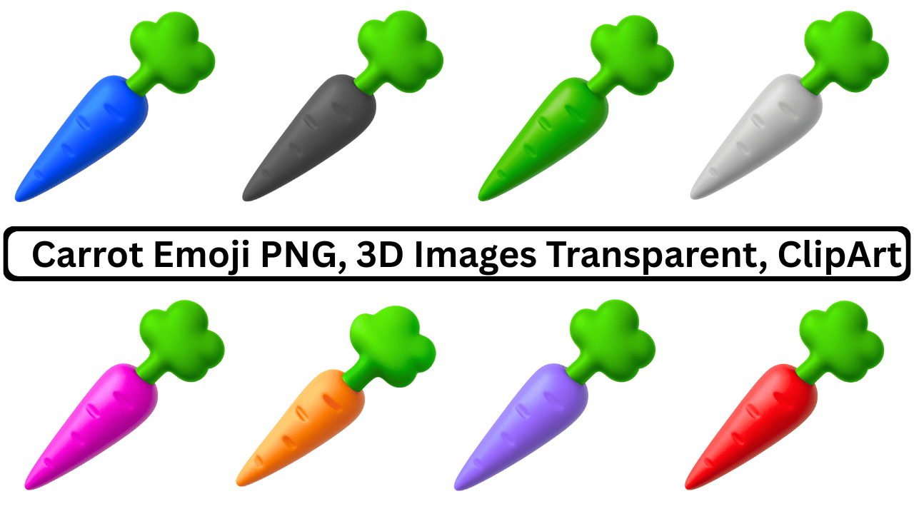3D colorful carrot emoji PNG set with green leaves, transparent clipart vegetable icons
