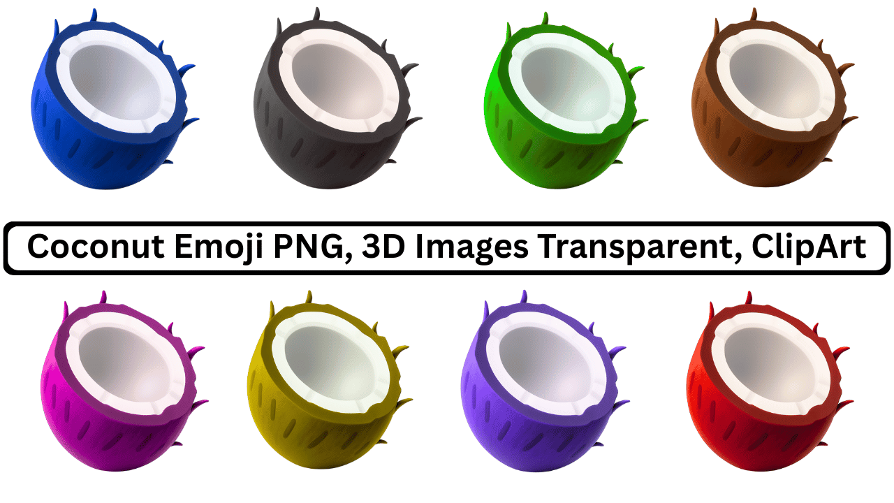 Colorful coconut emoji PNG collection with 3D half-shell tropical fruit clipart designs