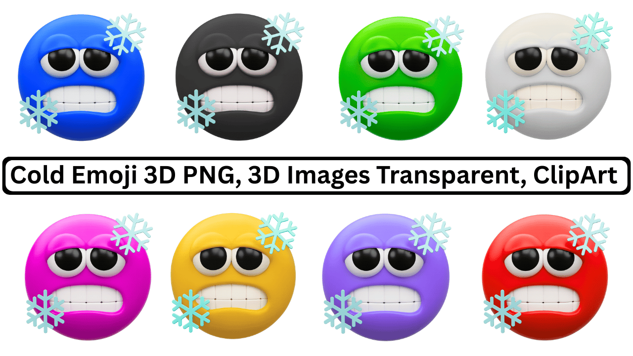 A collection of colorful 3D cold emojis shivering with chattering teeth, surrounded by icy snowflakes, transparent background.