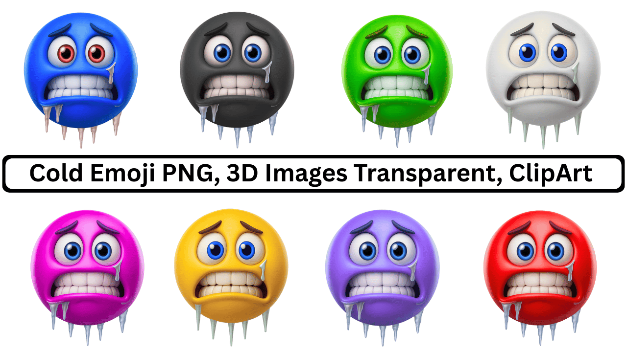 A collection of colorful 3D cold emojis with icicles, chattering teeth, transparent background, ideal for clipart.