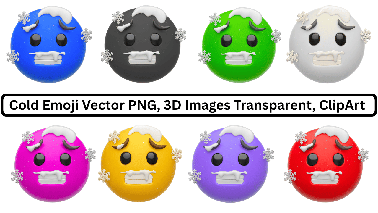 A collection of colorful 3D vector cold emojis covered in snow, with chattering teeth and snowflakes, transparent background.