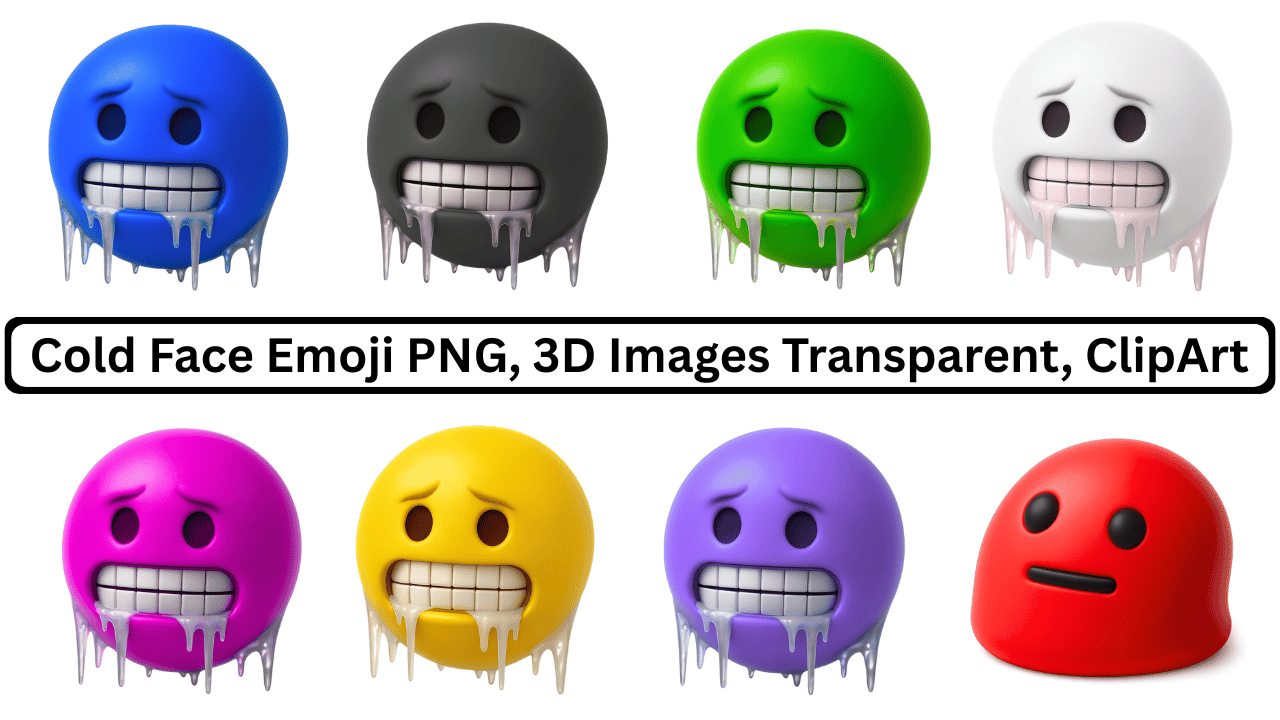 Collection of cold face emojis in various colors with chattering teeth and icicles, representing extreme cold.