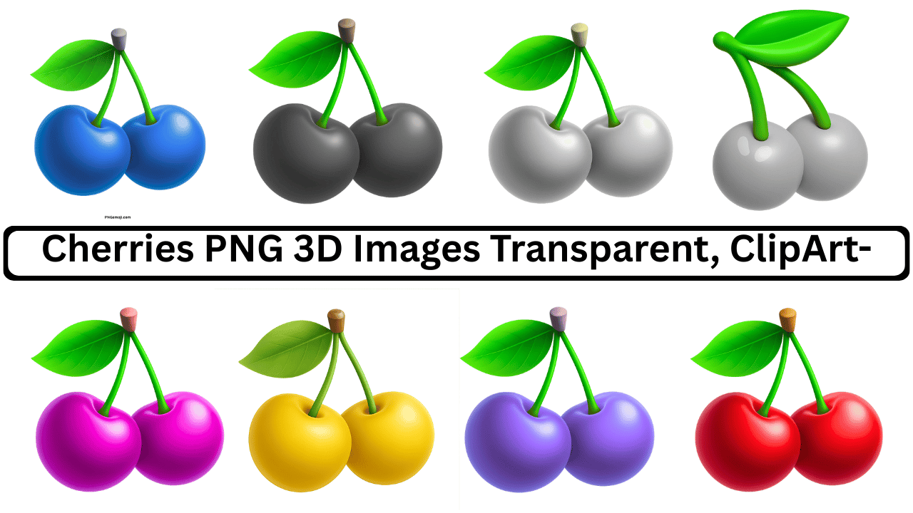 A collection of 3D cherries clipart in various colors: blue, black, white, magenta, yellow, purple, and red.