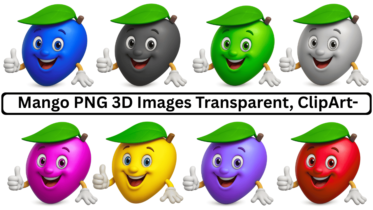 Colorful 3D mango PNG cartoon clipart with smiling faces and transparent background illustration