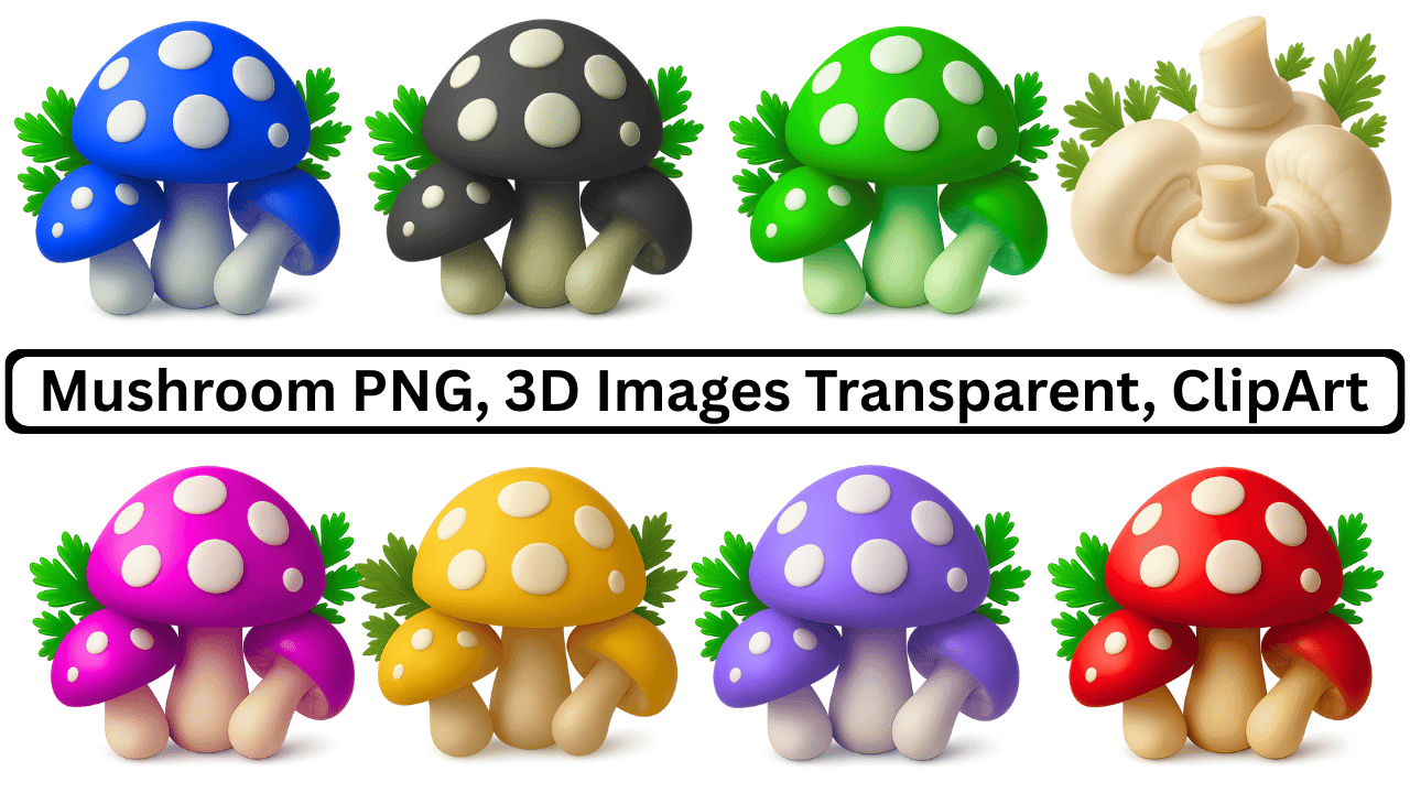Colorful 3D mushroom PNG set with multiple designs in transparent background clipart style