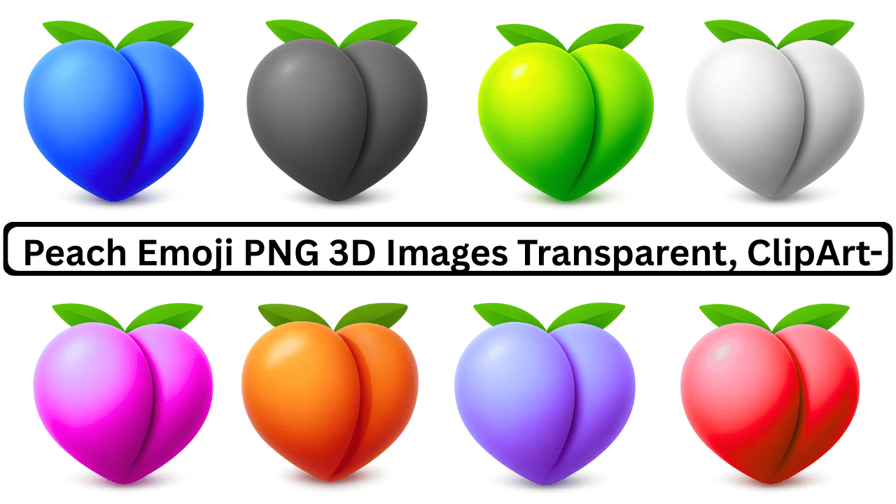 Collection of colorful 3D peach emojis in blue, black, green, white, pink, orange, purple, and red.