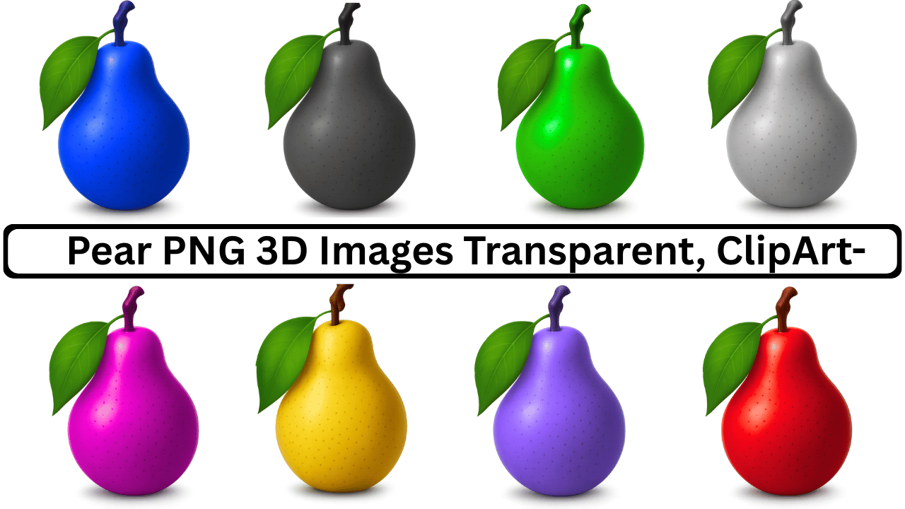 A vibrant collection of 8 different colored 3D pear illustrations with green leaves, suitable for clipart.