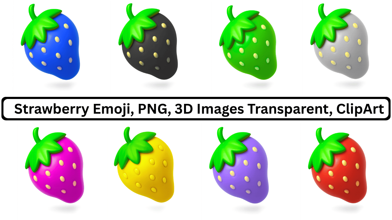 Collection of eight vibrant 3D strawberry emojis in various colors with green stems.